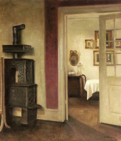 An Interior with a Stove and a View into the Dining Room - Carl Holsøe