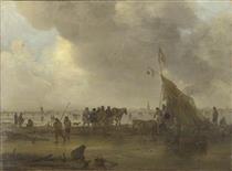 A Scene on the Ice by a Drinking Booth - Jan van Goyen