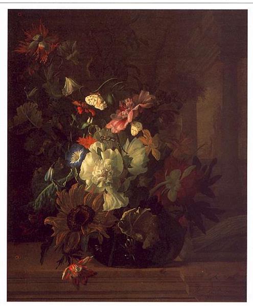 Flowers in a Glass Vase on a Balustrade with Colunnade, 1689 - Рашель Рюйш