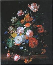 Roses, Tulips and Other Flowers in a Glass Vase on a Marble Ledge - Rachel Ruysch