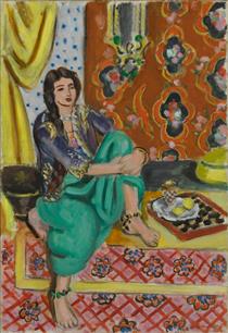 Сидяча одаліска, ліве коліно зігнуте, декоративне тло та шахматна дошка - Анрі Матісс