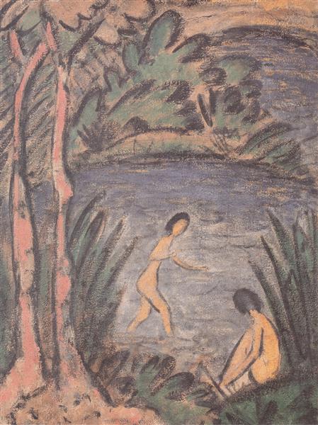Sitzende Und Badende Mit Zwei Bäumen, 1918 - Otto Mueller