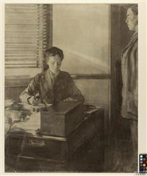 Dr. Flora Murray Working at Her Desk Observed by a Unnamed Man to Her Side. - Остин Осман Спейр