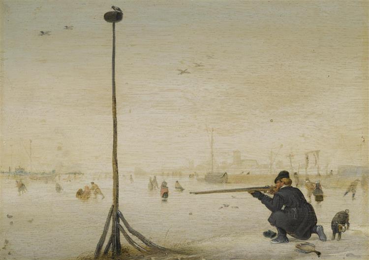 Winter Landscape with a Hunter Shooting Duck at the Edge of a Frozen Waterway / Winter Landscape with a Duck Hunter, 1634 - Hendrick Avercamp