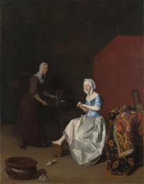 A Young Lady Trimming Her Fingernails, Attended by a Maidservant - Jacob Lucasz Ochtervelt