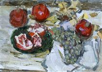 Still life with pomegranates and grapes - Serhij Schyschko