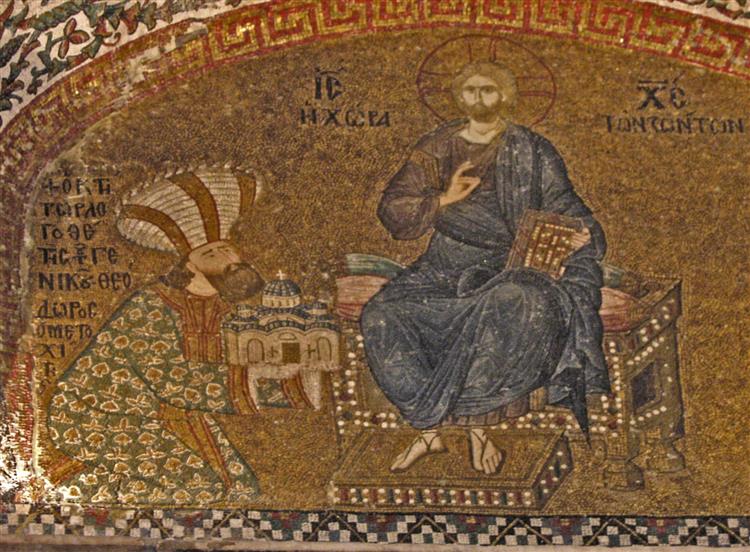 Theodore Metokhites Presenting a Model of the Chora Church to Jesus Christ, 1320 - Byzantine Mosaics