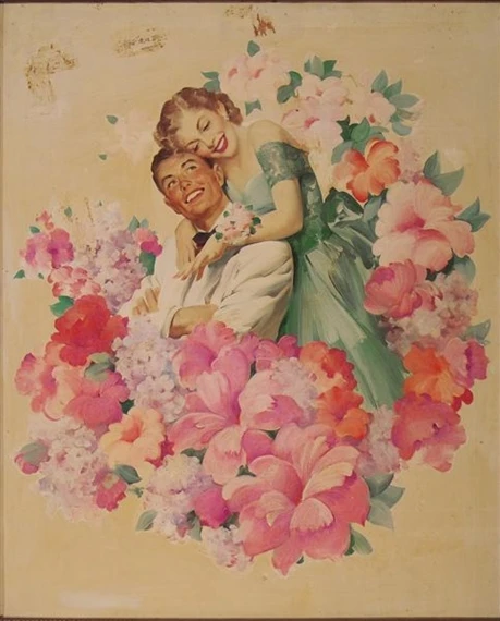 Advertisement: Couple amidst flowers, woman in green dress, 1940 - Haddon Sundblom