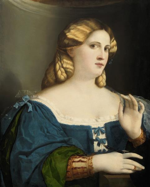 Young Woman in a Blue Dress, with Fan, 1514 - Jacopo Palma, o Velho