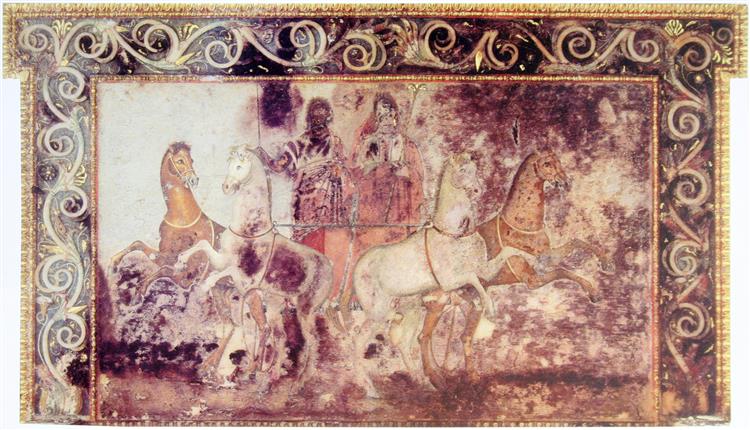A Fresco Showing Hades and Persephone Riding in a Chariot, from the Tomb of Queen Eurydice I of Macedon at Vergina, Greece, c.350 AC - Ancient Greek Painting and Sculpture