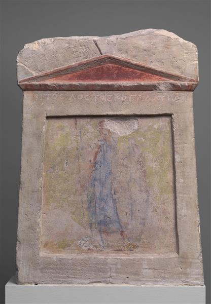 Painted Limestone Funerary Slab with a Soldier Standing at Ease, c.275 AC - Ancient Greek Painting and Sculpture
