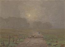 Shepherd Herding Sheep in a Misty Landscape - Granville Redmond