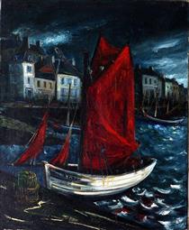 Barca de pesca con vela roja - Marie-Thérèse Auffray