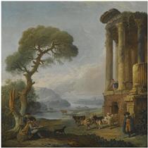 A River Landscape With An Artist Sketching Beneath A Ruined Temple, Possibly The Temple Of The Sibyl At Tivoli - Hubert Robert