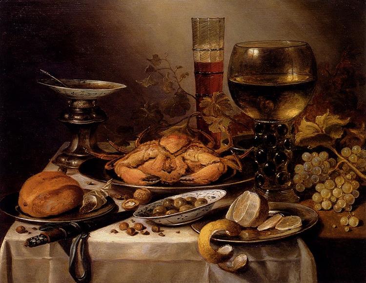 Banquet Still Life With A Crab On A Silver Platter, A Bunch Of Grapes, A Bowl Of Olives, And A Peeled Lemon All Resting On A Draped Table - Pieter Claesz