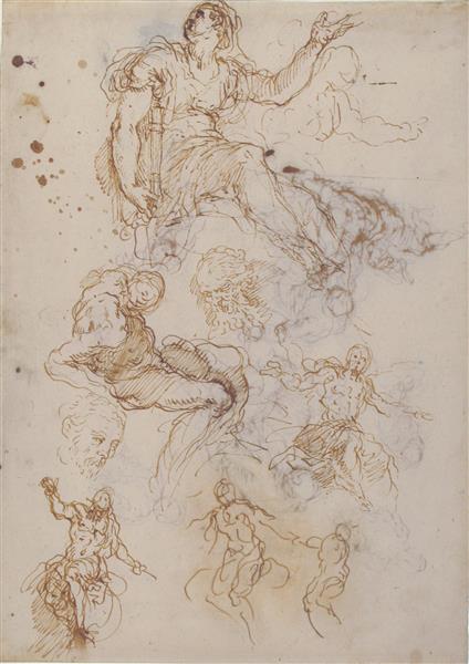 Seated Female Holding a Book, Two Heads of Bearded Men, Seated Male Nude, and Four Sketches for Christ Judging (recto); Studies for Cain Slaying Abel (verso), 1628 - Palma il Giovane
