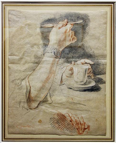 Three studies of hands including that of a woman having coffee - Charles-André van Loo