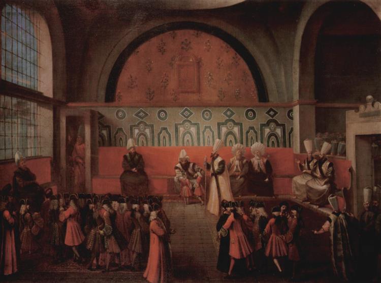 The children of the Vicomte d'Andrezel, French Ambassador to the High Gate, are introduced to the Grand Vizier Ibrahim Pasha, October 10, 1724, c.1724 - Jean-Baptiste van Mour