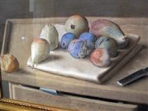 Fruit on a tray, bread and knife - Jean-Étienne Liotard