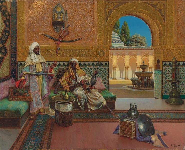 Two Warriors in the Alhambra Palace, the Court of Lions in the Background - Rudolph Ernst