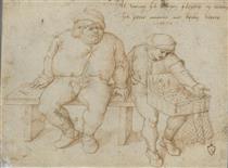 Peasant and Peddler Sitting on a Bench - Pieter Brueghel the Younger