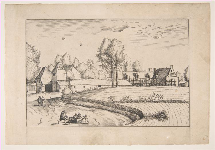 Country Houses, Couple and Cornfield in the Foreground, from the Series The Small Landscapes (Praediorum Villarum), 1559 - 1561 - Meister der kleinen Landschaften