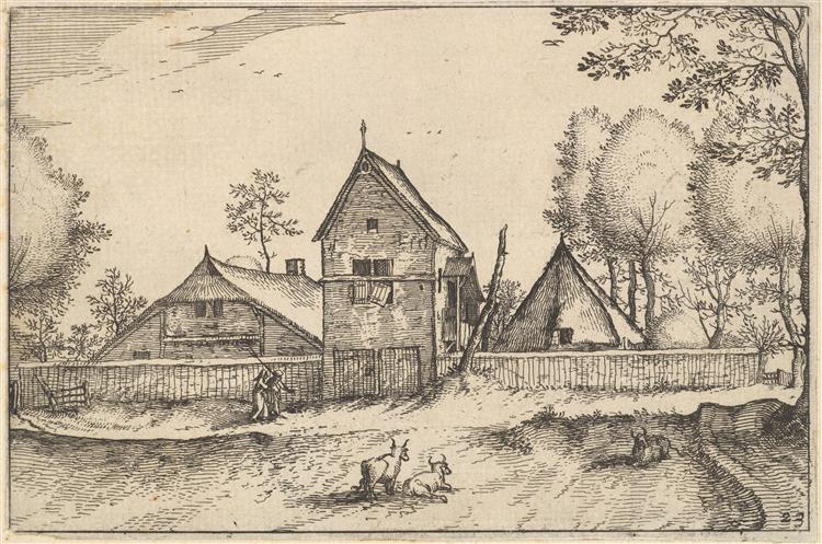 Large Walled Farm, Plate 23 from Regiunculae Et Villae Aliquot Ducatus Brabantiae, c.1610 - Meister der kleinen Landschaften