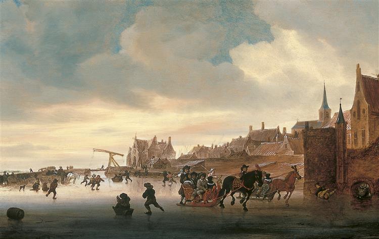 A Winter Landscape with Skaters and Sleighs before a Town, c.1660 - c.1670 - Саломон ван Рёйсдал