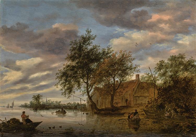 River landscape with figures in rowing boats, and fishermen hauling a net in the foreground, 1668 - Саломон ван Рёйсдал