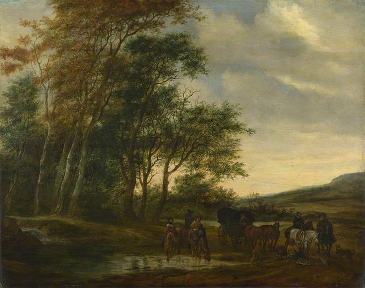 A Landscape with a Carriage and Horsemen at a Pool - Salomon van Ruysdael
