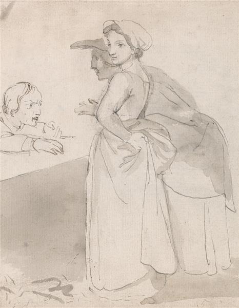 Two Women Talking to a Man at a Counter - John Flaxman