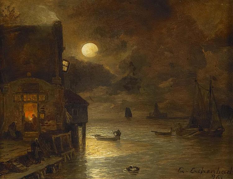 Full moon night on the quay, 1896 - Andreas Achenbach