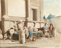 A group of country people gathered by a water trough - Joaquín Agrasot