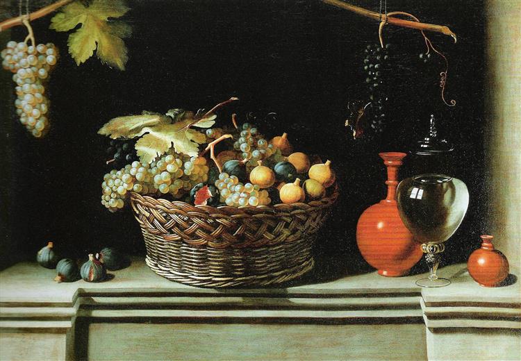 Fruchtkorb Mit Hängenden Trauben Und Vasen Aus Terakotta Und Glas - Juan van der Hamen y León