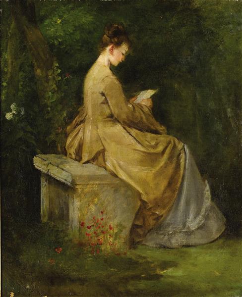 Woman reading on a bench - Мариано Фортуни