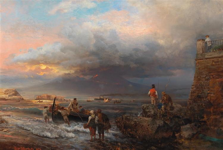 The Bay Of Naples And Vesuvius In The Background, 1874 - Освальд Ахенбах