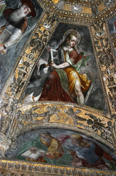 John the Evangelist. Detail from the Ceiling of the Altar Chapel in the Cappella Di Sant'aquilino in the Basilica Di San Lorenzo Maggiore in Milan, 1540 - Carlo Urbino