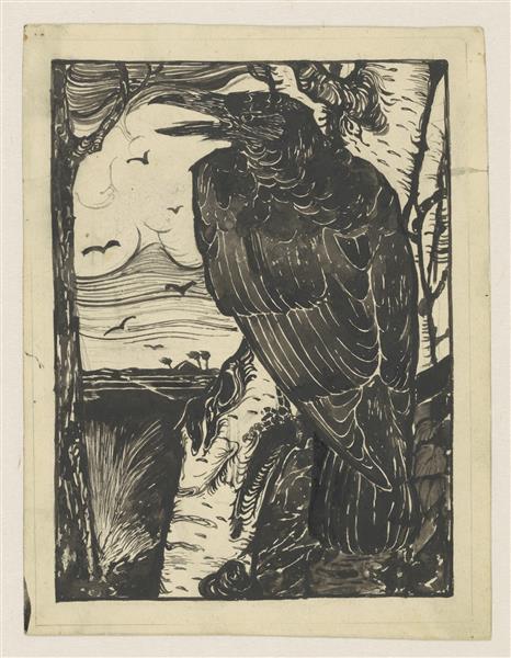 Raven on birch tree, c.1910 - c.1920 - Jan Mankes
