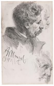 A Mustachioed gentleman in profile (Three Studies) - Adolph Menzel