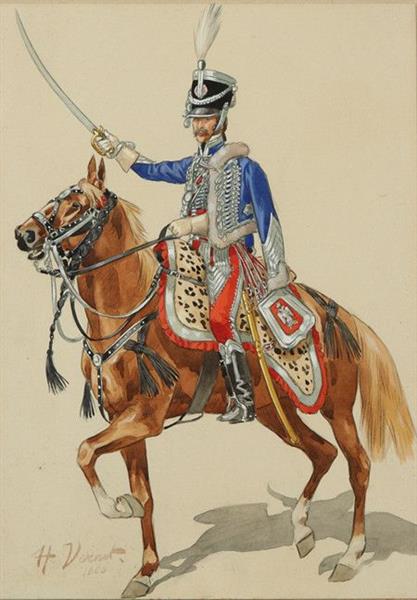 Russian Hussar raising his sword, 1860 - Орас Верне