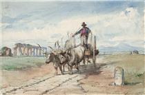 Farmer with an ox cart on the Appian Way near an aqueduct in the Roman Campagna - Ludwig Passini