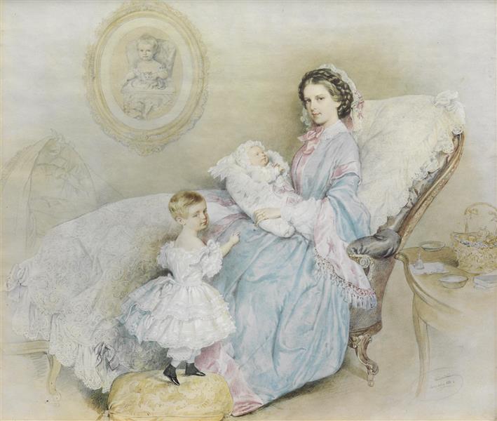 Empress Elisabeth of Austria with her children Rudolf and Gisela, 1858 - Josef Kriehuber