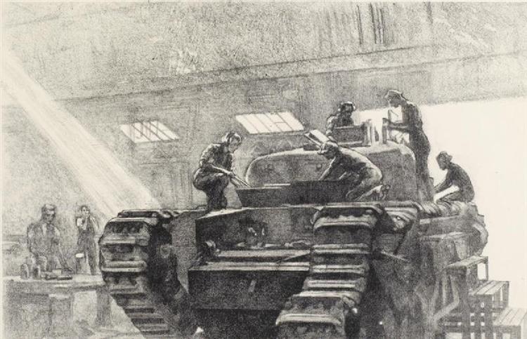 Five Women Work on a Churchill Tank in a Workshop, 1941 - Ethel Léontine Gabain
