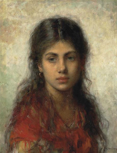 Girl with a red shawl - Алексей Алексеевич Харламов