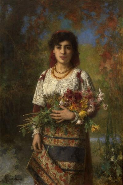 Woman in ciociaro costume with flowers, 1907 - Алексей Алексеевич Харламов
