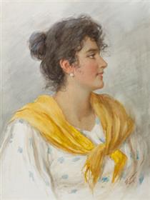 A portrait of an Italian woman in a yellow shawl - Vittorio Tessari