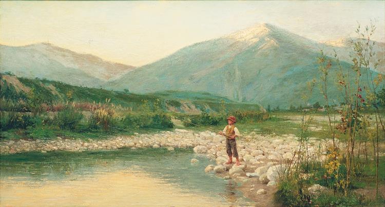 Landscape with child fishing, c.1900 - Vittorio Tessari