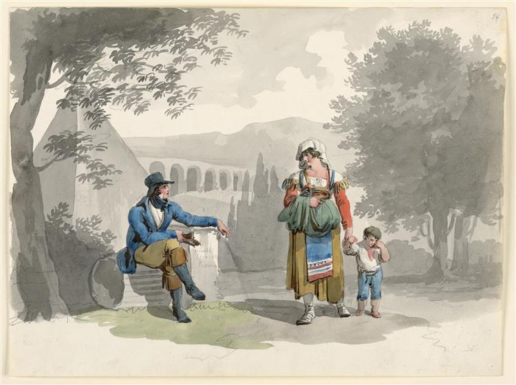 A Woman Holding a Boy with Her Hand Passing a Gentleman Seated Among Ruins in the Campagna, 1807 - Bartolomeo Pinelli
