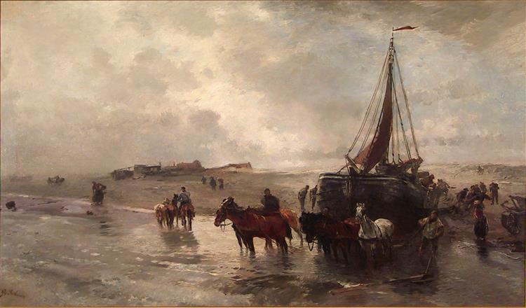 Launching a fisher boat in Holland, 1888 - Освальд Ахенбах