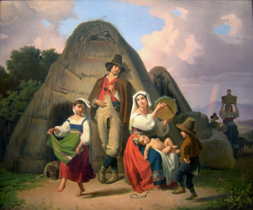 Southern shepherd family in front of a straw hut with dancing children, 1845 - Theodor Leopold Weller